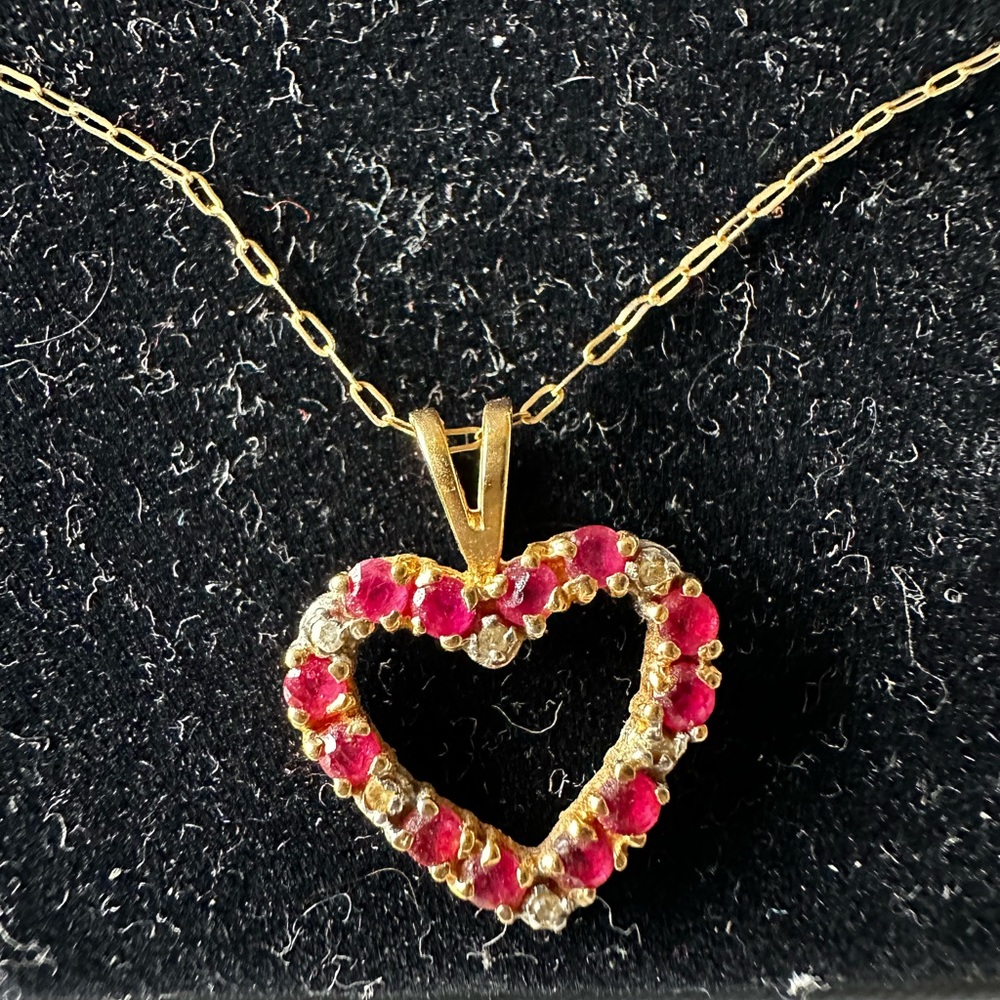 Heart 14k Necklace - 18” - Heart has Rubies/Diamonds